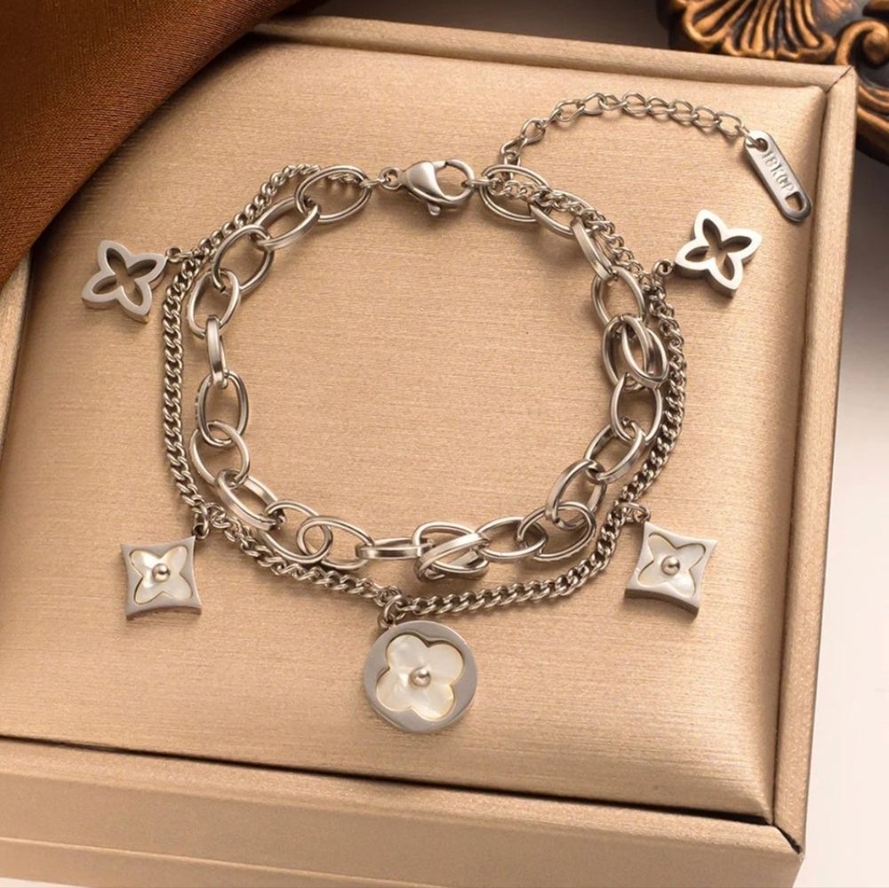 Pearl White Star Clover Charm Dual Chain Silver Toned Stainless Steel Bracelet
